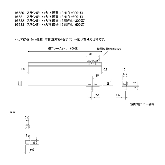 (受)ステン 5ミリハカマ蝶番 13 HL（ヘアーライン）（L=600迄）