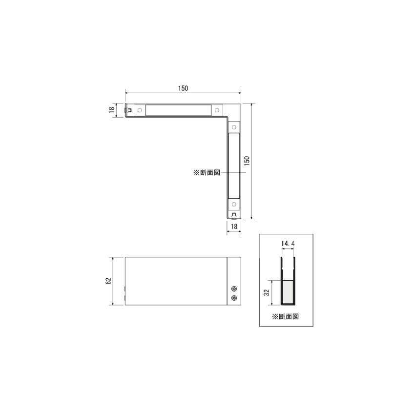 ステン 8～12ミリ ハカマ蝶番 入隅 HL 150x150